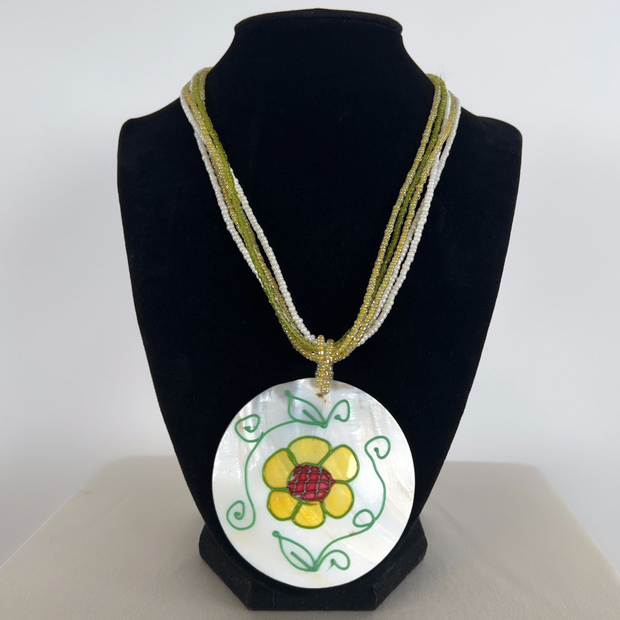 Vintage Y2K Beaded Floral Shell Medallion Necklace